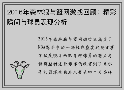 2016年森林狼与篮网激战回顾：精彩瞬间与球员表现分析