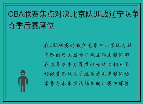 CBA联赛焦点对决北京队迎战辽宁队争夺季后赛席位