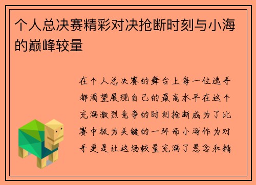 个人总决赛精彩对决抢断时刻与小海的巅峰较量